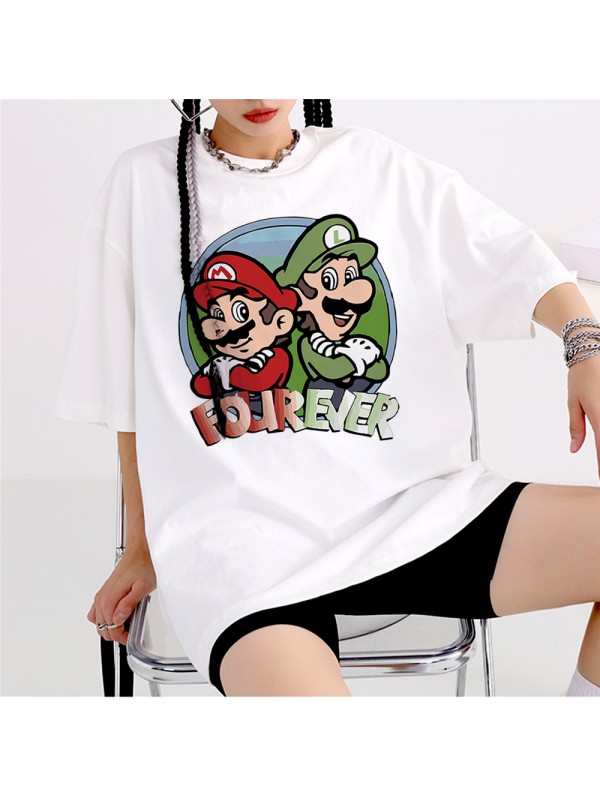 Mario white Unisex Mens/Womens Short Sleeve T-shirts Fashion Printed Tops Cosplay Costume