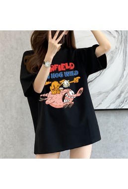 Garfield black Unisex Mens/Womens Short Sleeve T-shirts Fashion Printed Tops Cosplay Costume