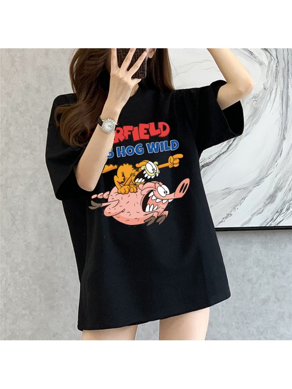Garfield black Unisex Mens/Womens Short Sleeve T-shirts Fashion Printed Tops Cosplay Costume