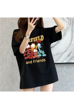 Garfield black Unisex Mens/Womens Short Sleeve T-shirts Fashion Printed Tops Cosplay Costume