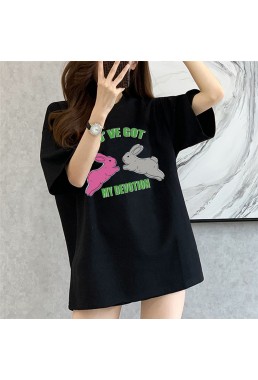 Two Rabbits black Unisex Mens/Womens Short Sleeve T-shirts Fashion Printed Tops Cosplay Costume