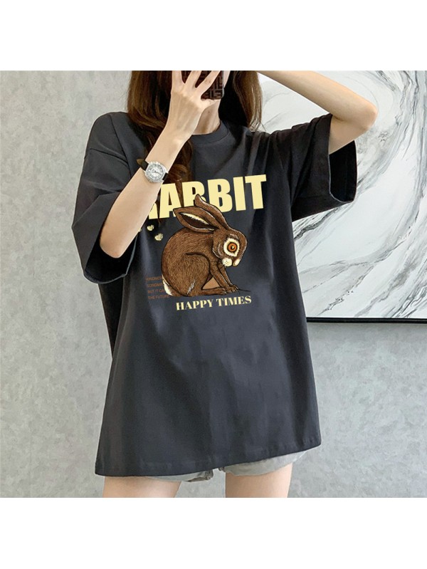 Happy Time Rabbit grey Unisex Mens/Womens Short Sleeve T-shirts Fashion Printed Tops Cosplay Costume